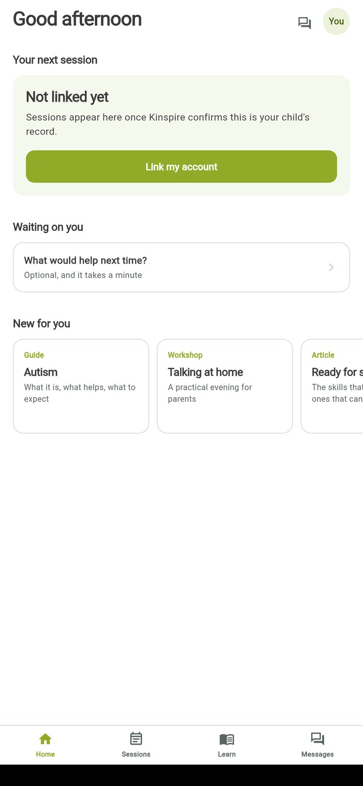 The Kinspire Hub app open on a phone, showing the sign-in view
